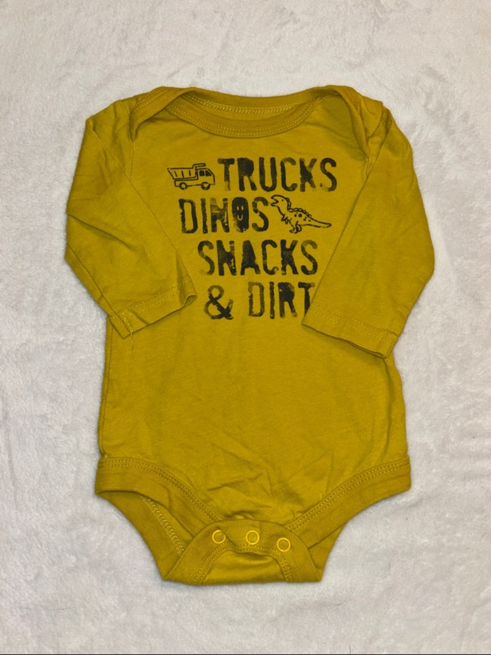(3 for $10) George Yellow Long-Sleeve Baby One-Piece Trucks Dinos Snacks & Dirt